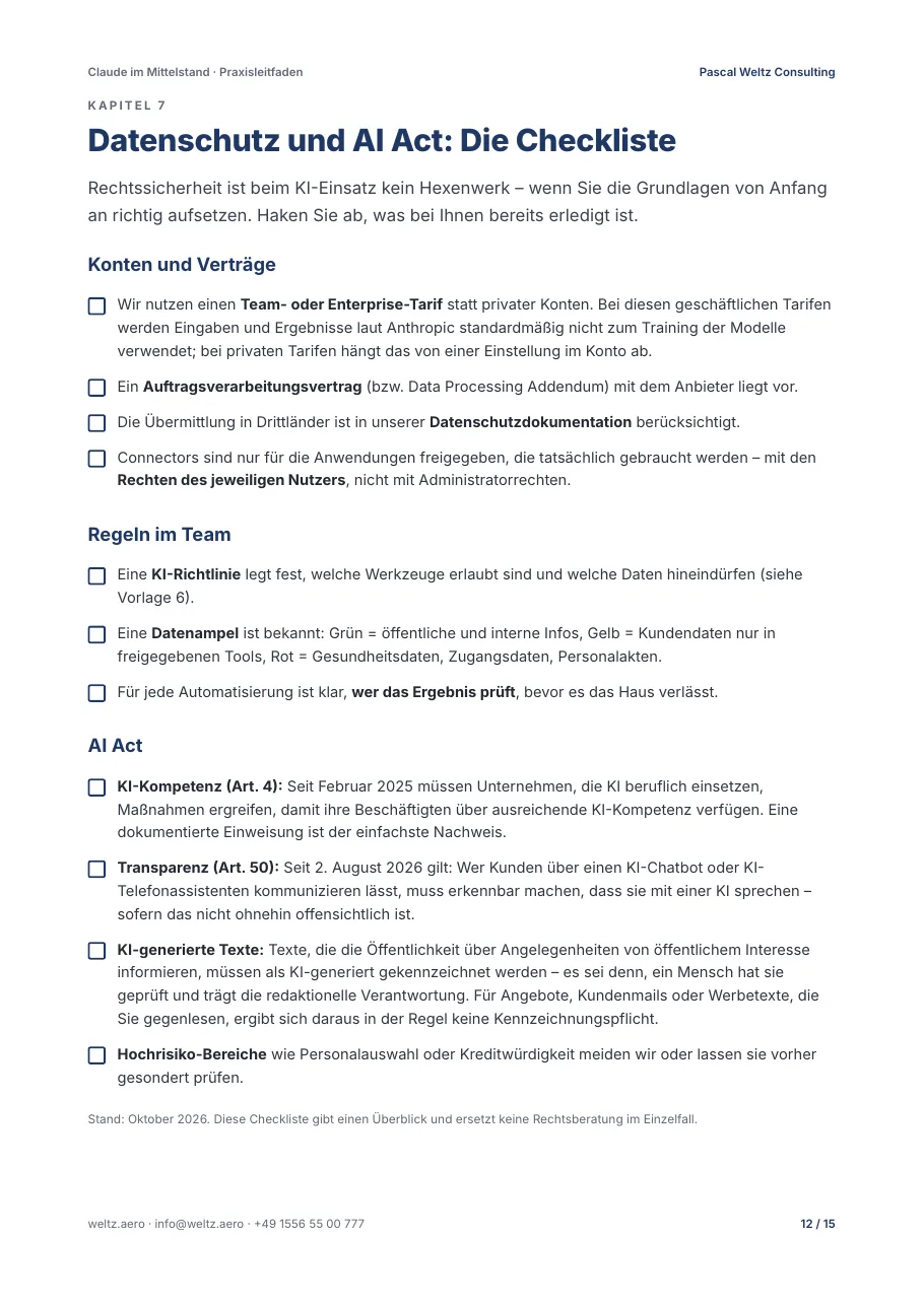 Leitfaden „Claude im Mittelstand“, Seite 12: Datenschutz und AI Act: Die Checkliste