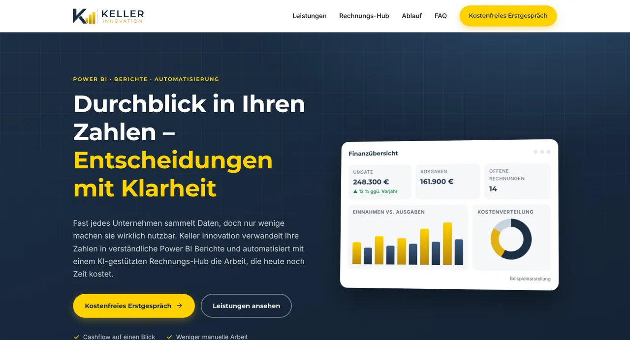 Entwurf der neuen Startseite von Keller Innovation, Power-BI-Berichte und Rechnungsautomatisierung