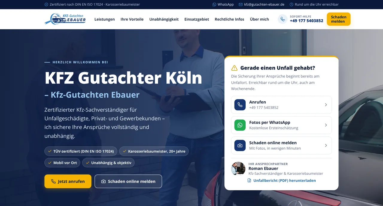 Startseite der Website von KFZ-Gutachten Ebauer