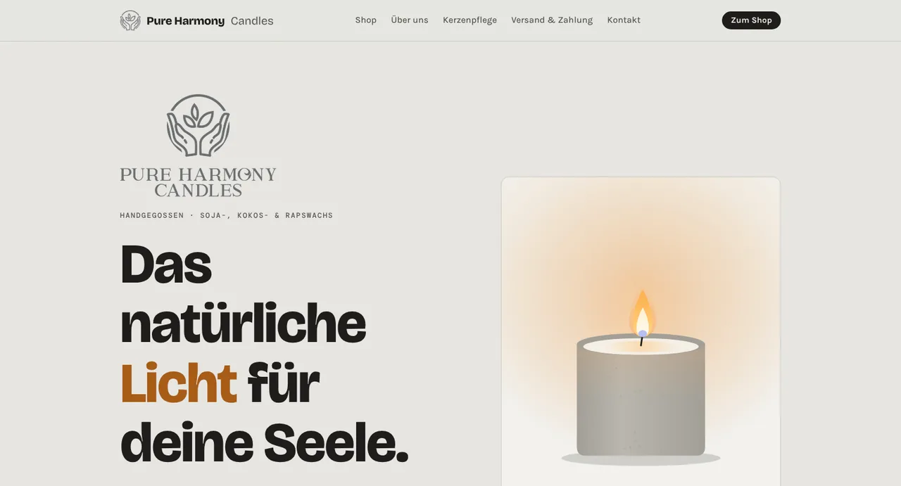 Entwurf der neuen Startseite von Pure Harmony Candles, handgegossene Kerzen