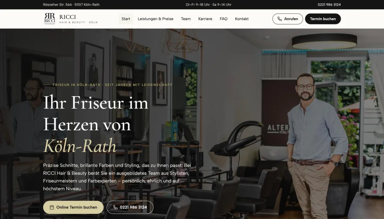Startseite der Website von Ricci Hair & Beauty in Köln-Rath
