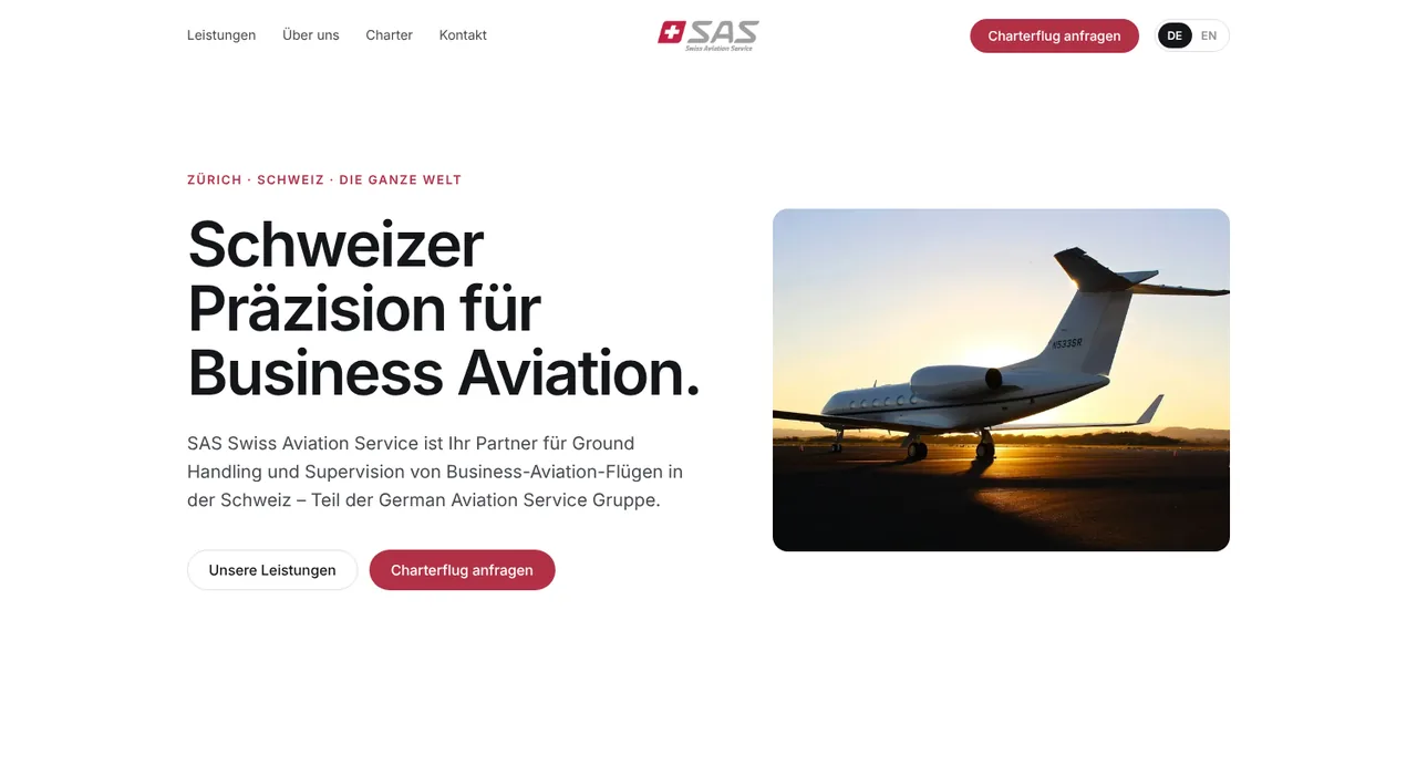 Entwurf der neuen Startseite von SAS Swiss Aviation Service in Zürich